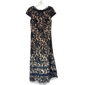 Tadashi Shoji Dress Navy Nude Embroidered Lace Formal Maxi‎ Evening Gown Size 6
